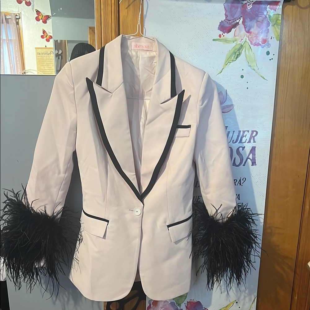 Cream and Black Blazer with Dramatic Feather Cuffs